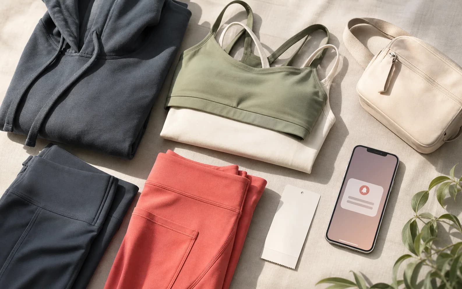 Activewear pieces and a phone with a restock alert